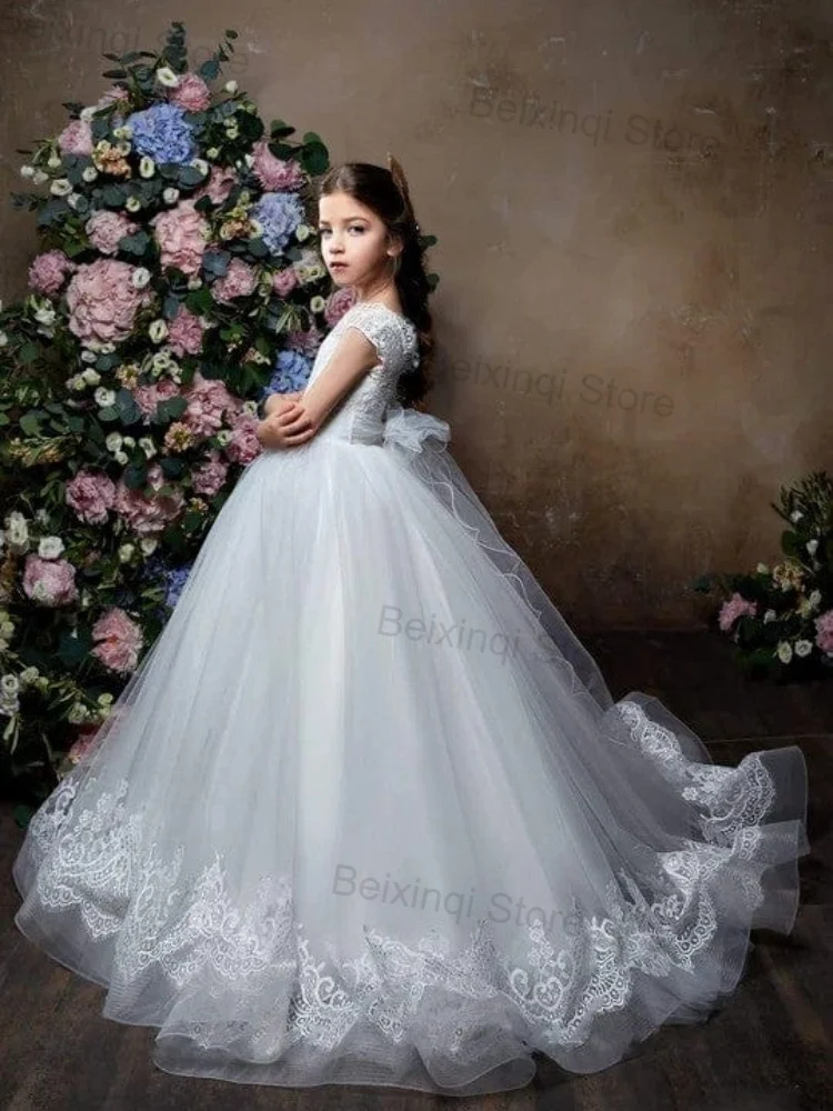 White Girls Elegant Dresses New Product Child Wedding Dress Formal Occasion Girl Birthday Tulle Appliques Lace Prom Party Gown