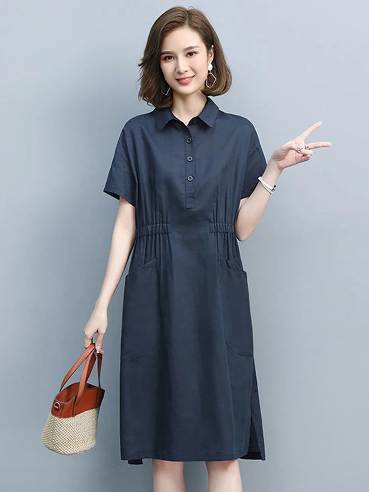 Summer Vintage Dresses for Women 2024 New Casual Loose Cotton Polo Collar Short Sleeve Office Lady Pleated Dresses Vestidos