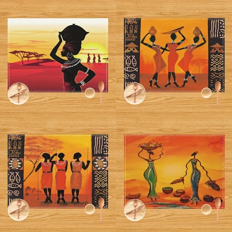 African Woman Mats Linen Tribal Culture Kitchen Dining Placemat NonSlip Heat Resistant Sunset Silhouette Table Decor 4/6PCS