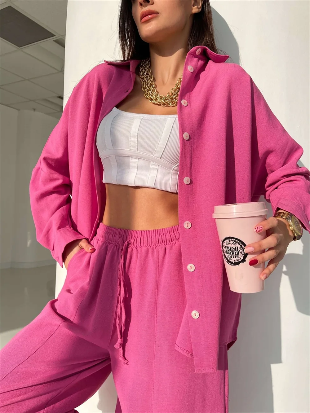 Long Sleeve Shirt Tops Harem Pants Suit Women Spring Casual Suit Two Piece Set Lapel Shirt Trousers OL Fashion Loose Outfits