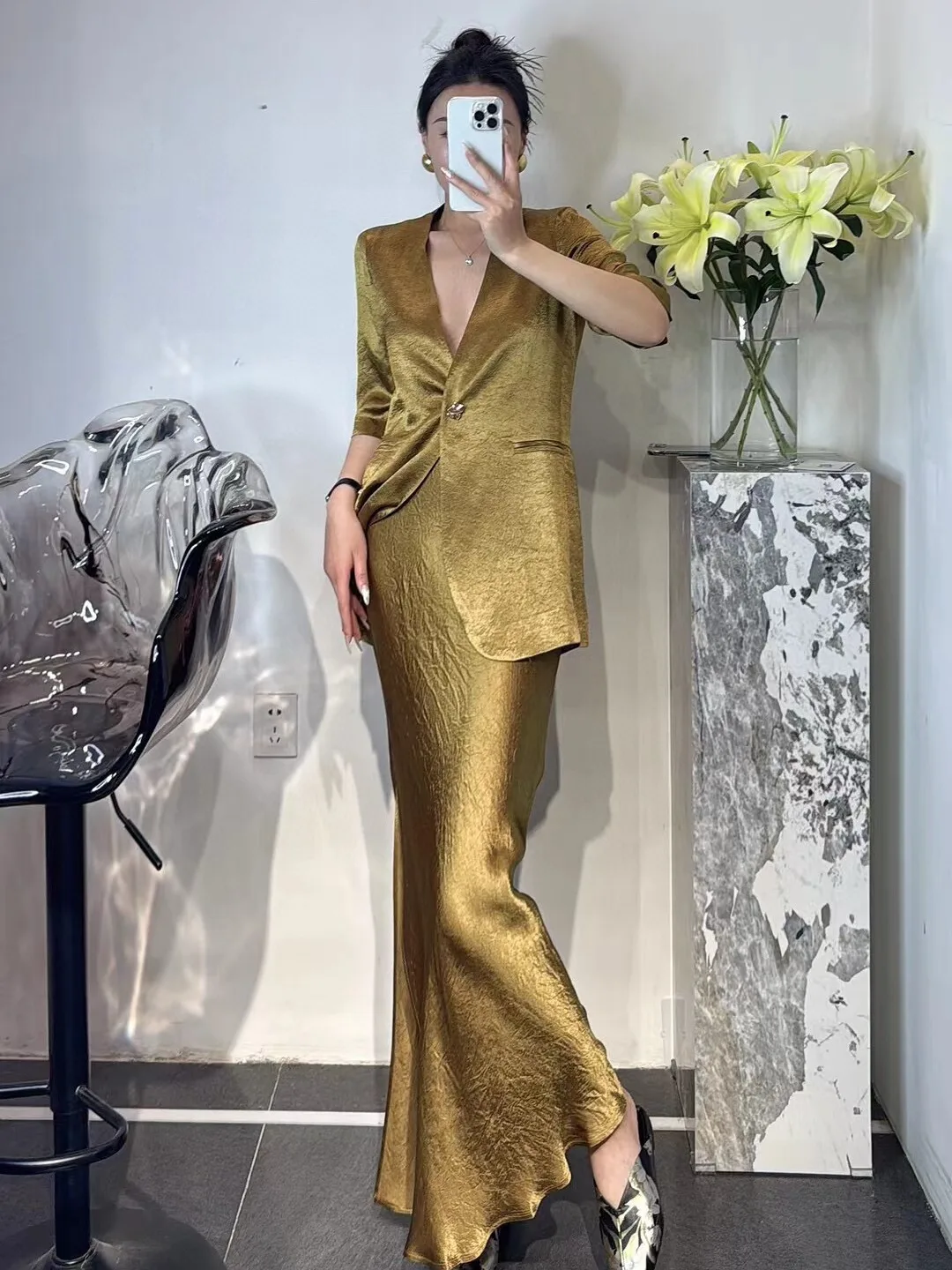 

Ele V-Ne комплект костюма из ацетатного крепа, женская юбка с разрезом, комплект из двух предметов, весна-лето, Новое поступление, модная рабочая одежда