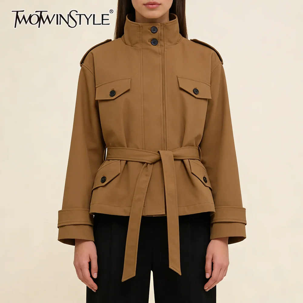 

TWOTWINSTYLE Casual Loose Spliced Lace Up Jacket for Women Stand Collar Long Sleee Patchwork Multi Pockets Short Trench Female