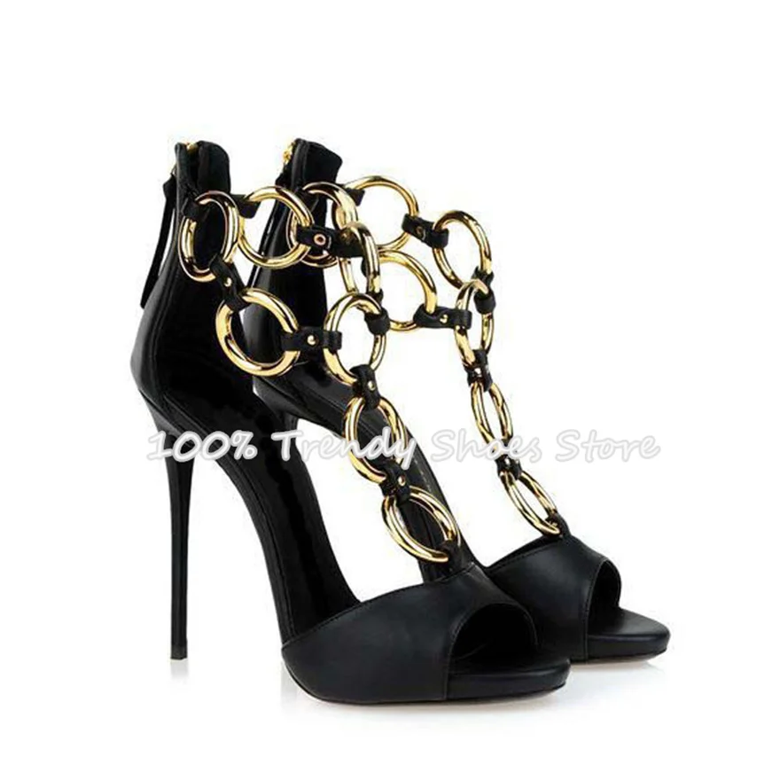 

Fashion Catwalk Metal Circle Chain T-Strap Women Sandals Peep Toe Stiletto High Heel Gladiator Shoes Ladies Party Dress Pumps