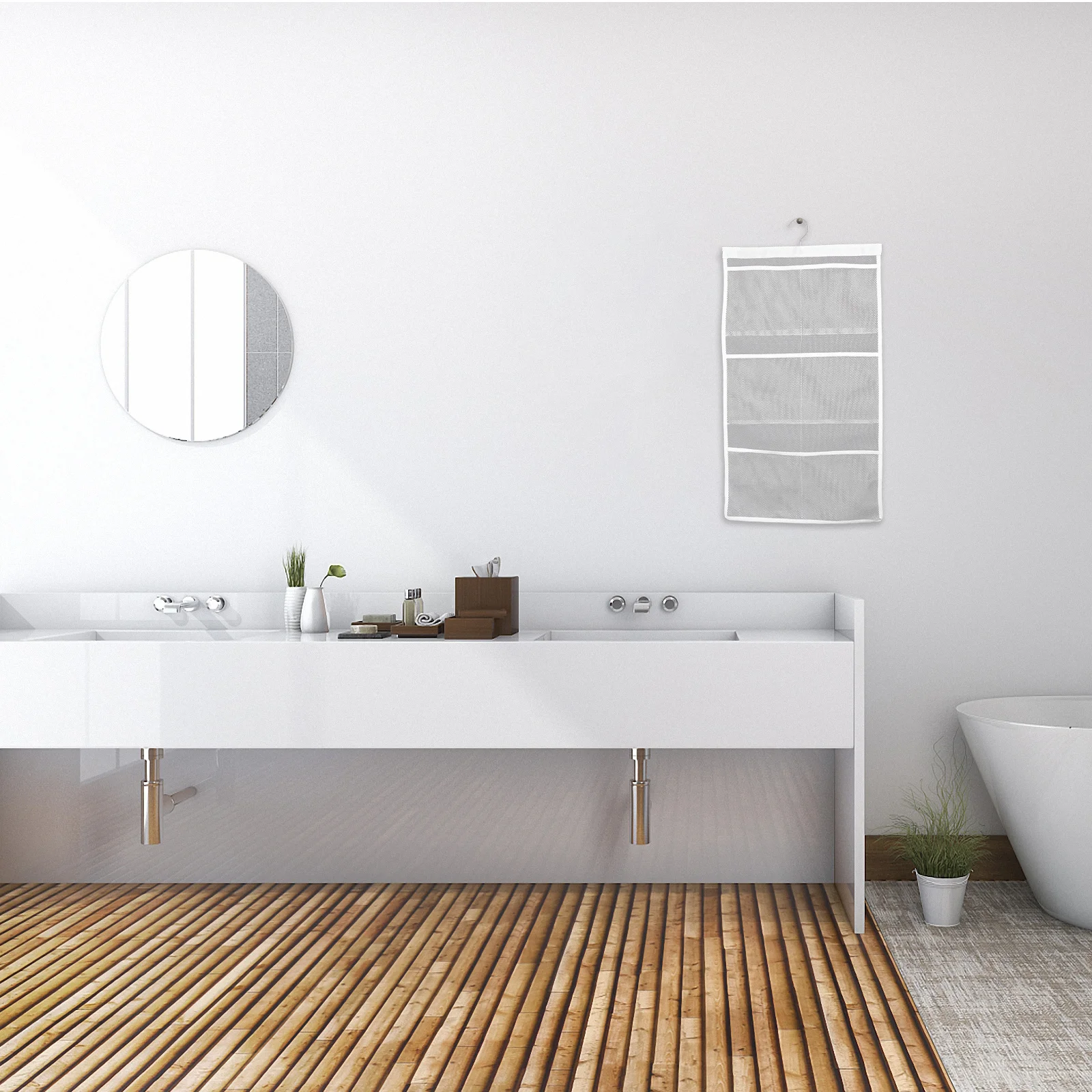 

1Pcs Washable Quick-Dry 6-Pocket Hanging Mesh Storage Bag for Bathroom Shower Organizer Portable Metal Hooks Space-Saving Bath