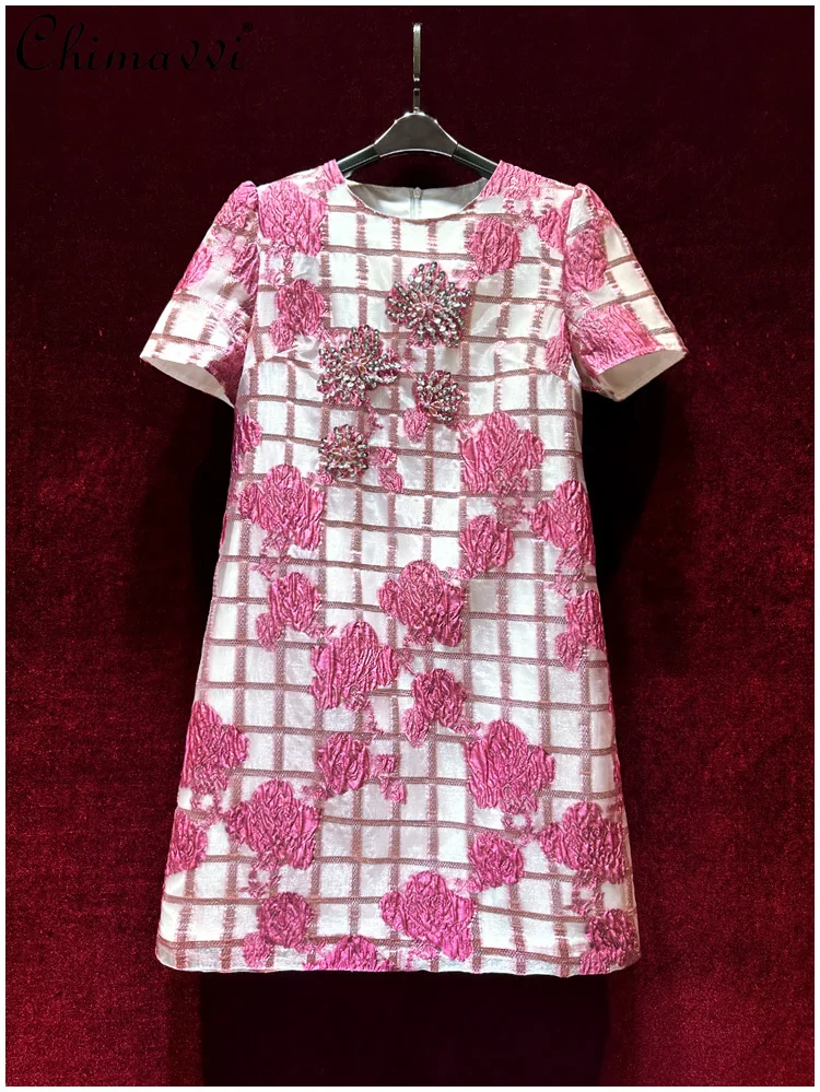 

High-End Jacquard Exquisite Rhinestone Short Sleeve Dress Summer New Fashion Round Neck Short Sleeve Loose Elegant Mini Dress