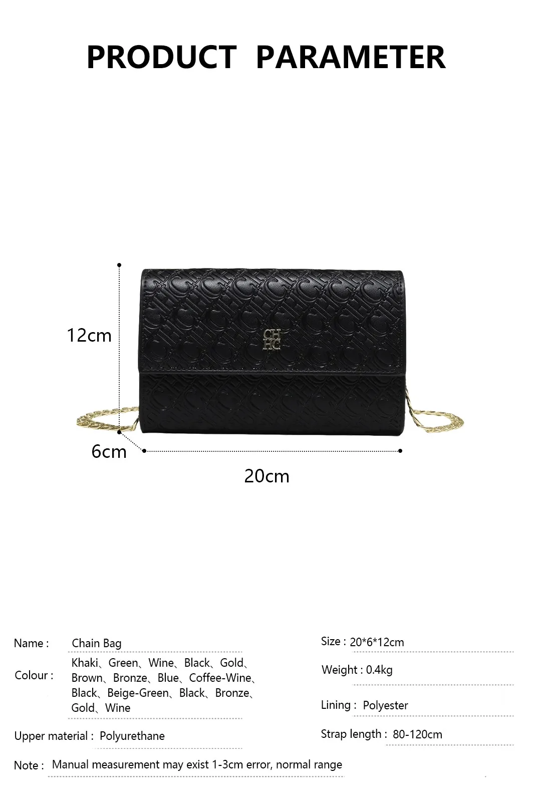 CH Damen Umhängetasche mit Buchstaben-Print und Metallkette, Schultertasche aus PU-Leder, Kleine Damen-Abendclutch, Geschenk – Detail 2