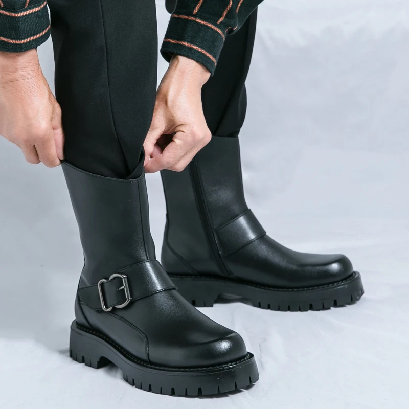 Sepatu Bot Pendek Maillard Retro Musim Gugur dan Musim Dingin Sol Tebal Penambah Tinggi Ritsleting Anti Selip Sepatu Bot Ksatria Kasual Modis