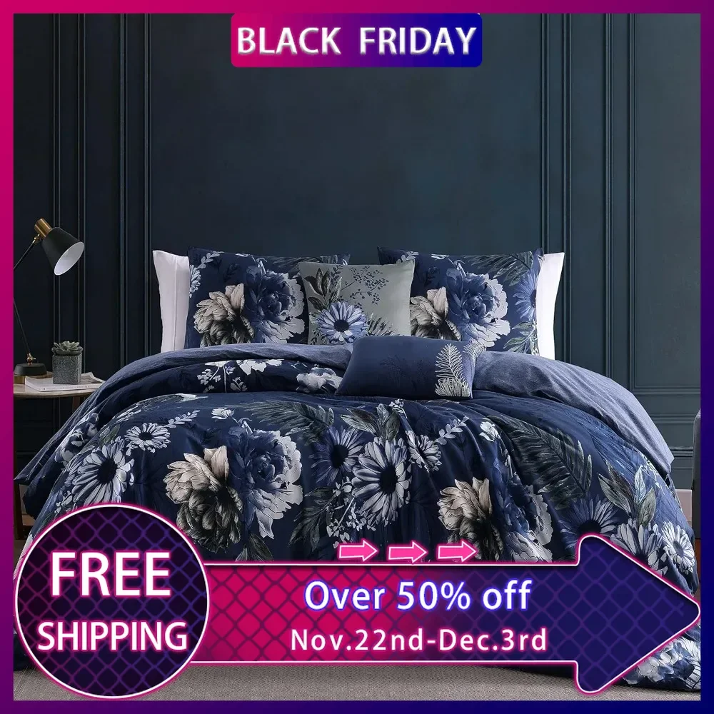 

Delphine 100% Cotton Sateen 5 Piece Comforter Set, Reversible, Navy Blue Floral Printed Pattern, 1 Comforter, 2 Shams, 2 Pillows