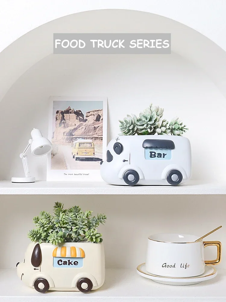 Food Truck Animal Small Plant Pot Resin Succulent Planter for Home Office Desk Mini Ornament Fairy Garden Flowerpot Decoration