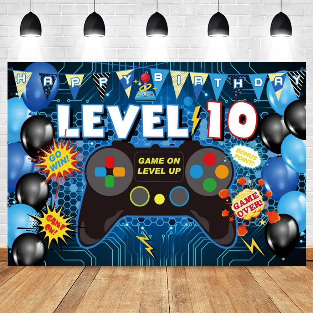 Game On Backdrop Balloons Gamepad level Up Baby Shower Boys Birthday Party Photography Backdrop Decor Banner Photo Studio Props