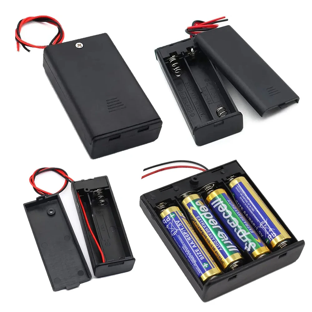 1/2/3/4 Slot Battery Holder 1.5V/3V/4.5V/6V ABS AA Battery Box with Leads Wires ON/Off Switch and Screw Cap Case Back Cover