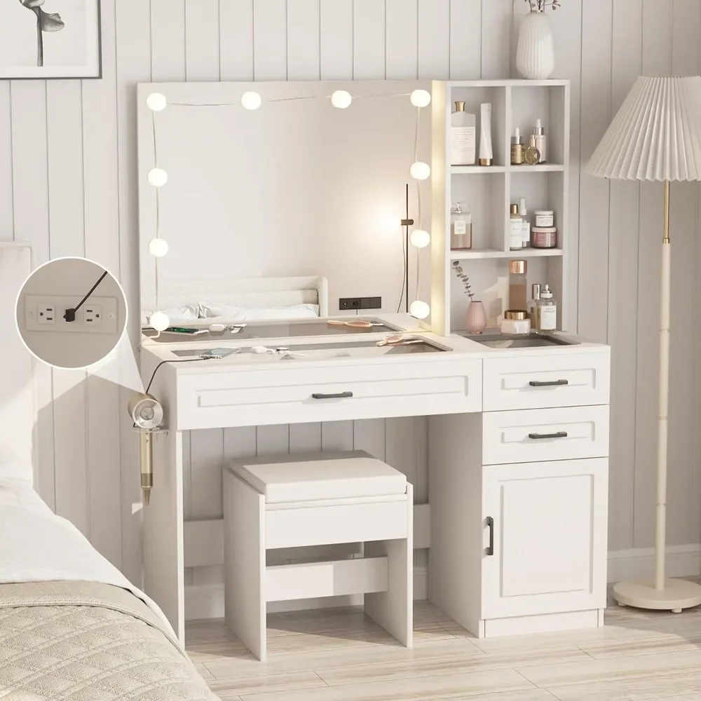 Vanity Desk with Lighted Mirror & Power Strip,Large Vanity Table with Glass top ,3 Drawer Makeup Desk,3 Lighting Modes,White