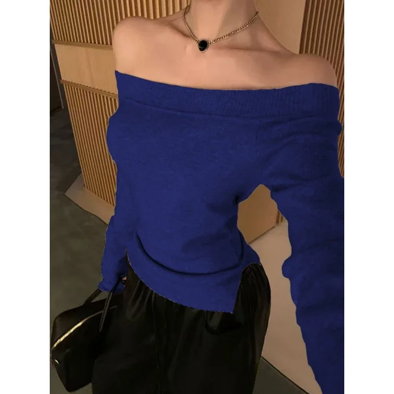 Prendas de punto lisas elegantes Y2k, suéter de punto de manga larga con hombros descubiertos, camisa de fondo ajustada, Jersey sencillo informal de otoño, Tops