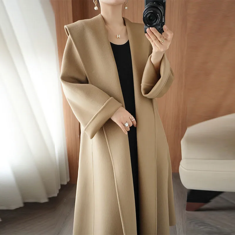 

2026 Double-sided Wool Blend Coat Women's Navy-collar Woolen Long Overcoat Autumn Winter Sashes Casual Loose Cashmere Outerwear