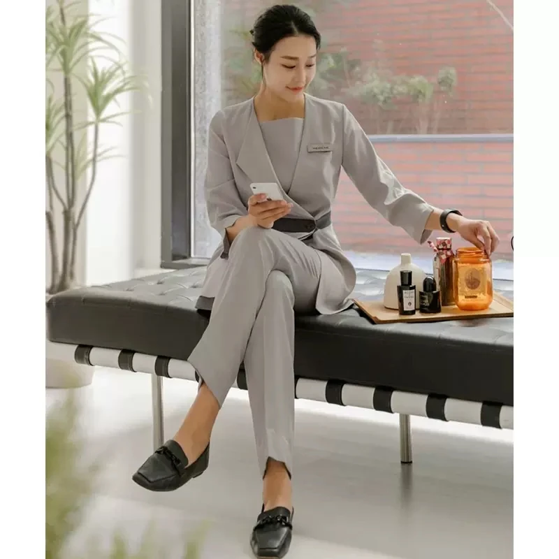 Korean Style Beauty Salon Female Spring and Autumn Work Blouse+Pants Set Hospital Front Desk Staff Workwear SPA Beauty Uniform