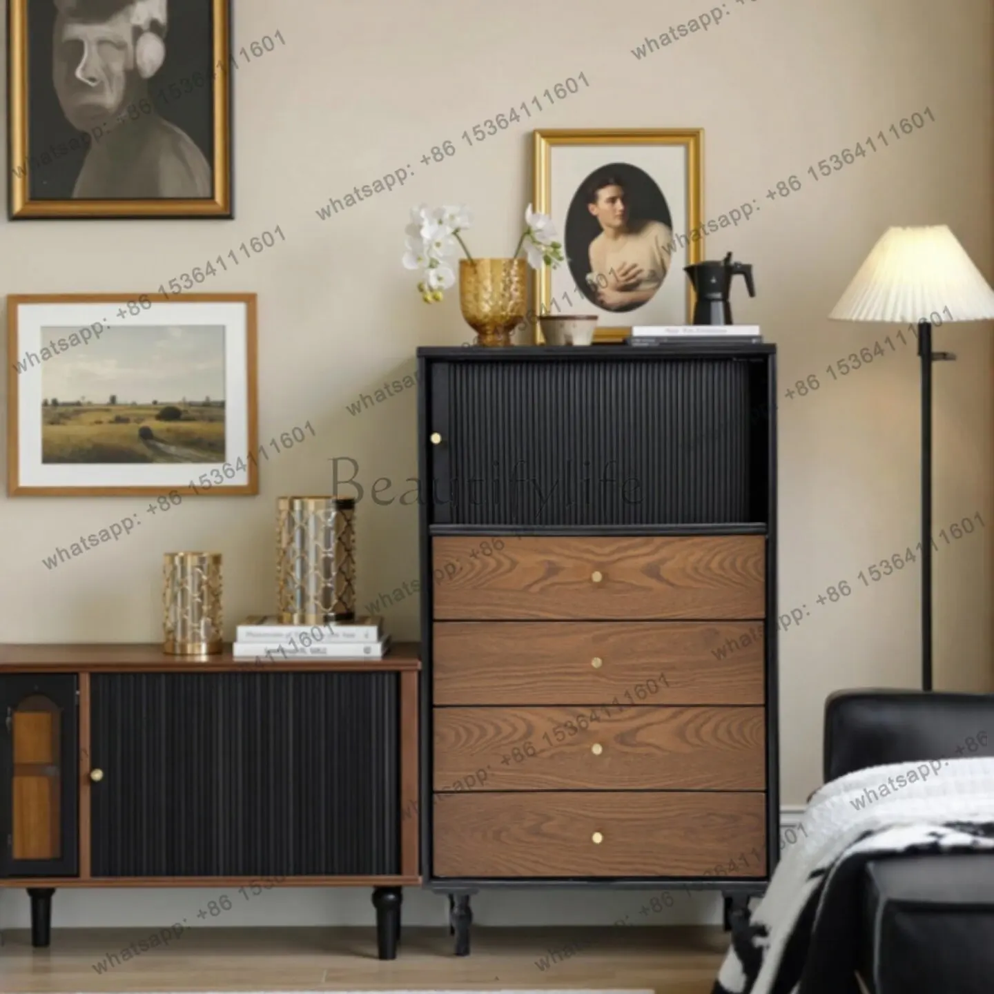 French retro solid wood color matching bedroom bedside cabinet antique storage cabinet
