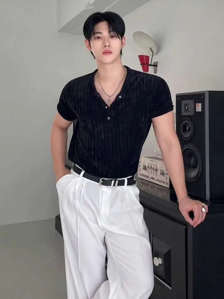 

SYUHGFA Korean Style Men's Tees Round Collar Short Sleeve Button Casual Pullover Tops Solid Color Loose Male T-shirt 2025 Summer