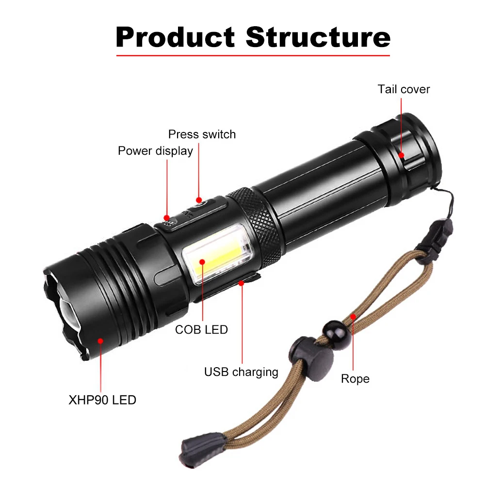 XHP90 +COB Side Light Super Bright Flashlight 4500 Lumens 7 Modes IPX67 Waterproof Powerful USB Rechargeable Torch