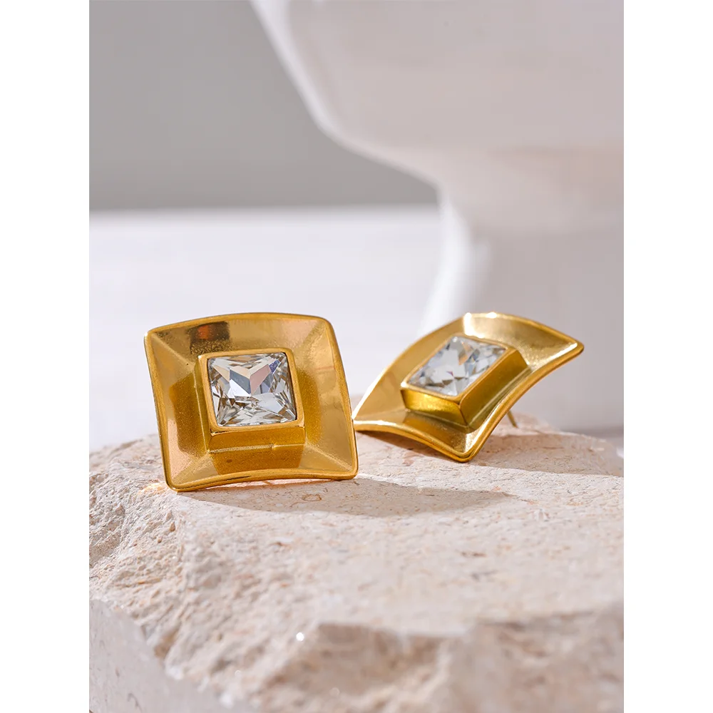 Yhpup Delicate Transparent Crystal Stainless Steel Square Stud Earrings Prevent Allergy Trendy Fashion Daily Jewelry Gift