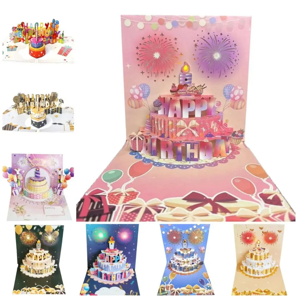 

Musical and Light Happy Birthday Card Effect Blowable Led Candle Birthday Cake Postcards Cartoon Patterned Creative