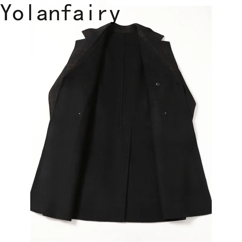 YOLANFAIRY High Quality Double‑Faced 70% Wool Coat Men 2026 New Autumn Winter Loose Fit Plaid Mid‑Length Trendy Woolen Overcoat