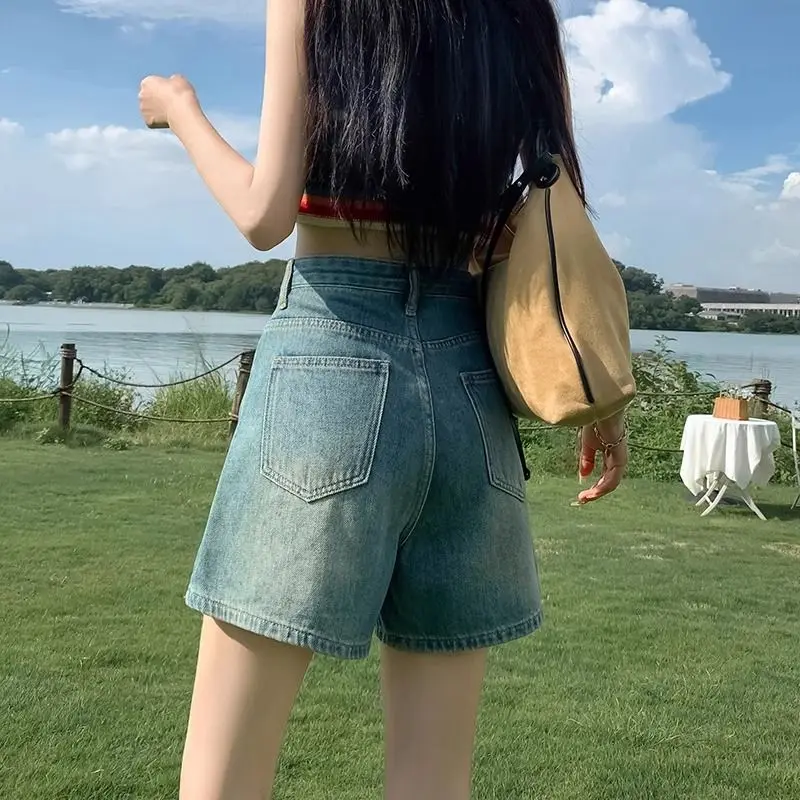 Spring and summer new high waisted denim shorts for women with loose and casual design  retro wide leg A-line hot pants