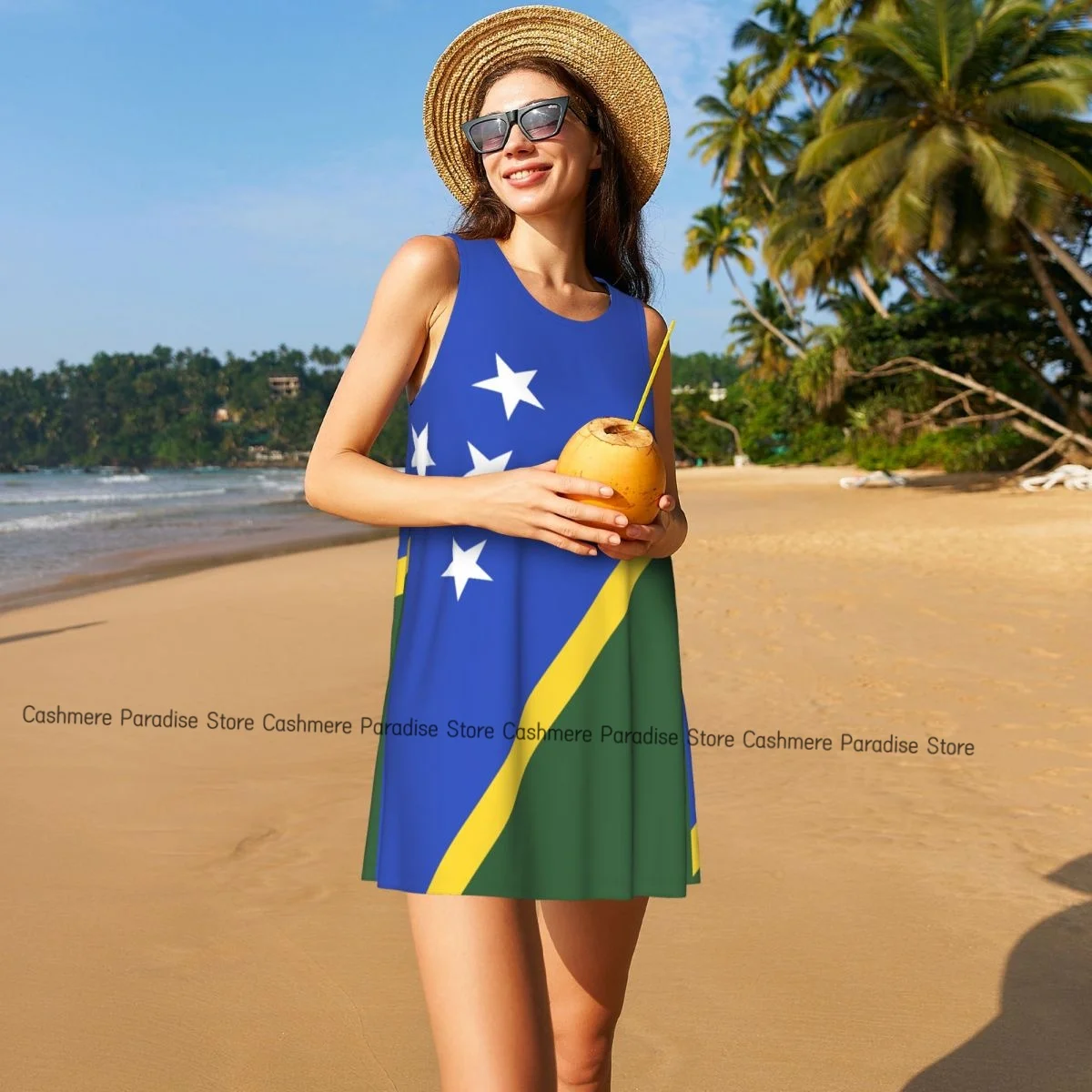 Summer Dresses for Women 2025 Beach Tshirt Sundress Sleeveless Solomon Islands Flag Casual Loose Tank Dress