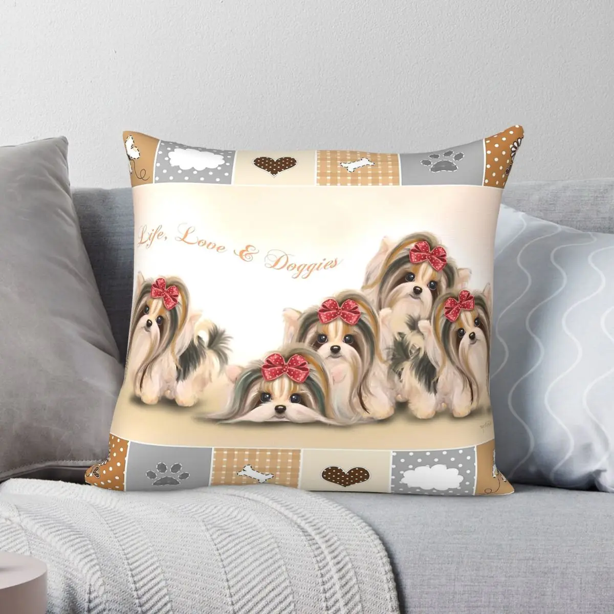 Biewer Parti Yorkie Funda de almohada de poliéster, lino, terciopelo, estampada, con cremallera, funda de cojín para coche, 45x45