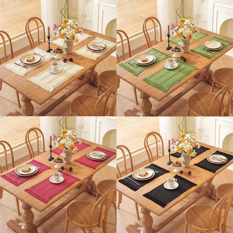 

4pcs Cotton Linen Placemat, Fabric Tassel Tableware Mat, Two-color Splicing Woven Jacquard Insulation Bowl Mat, Placemat