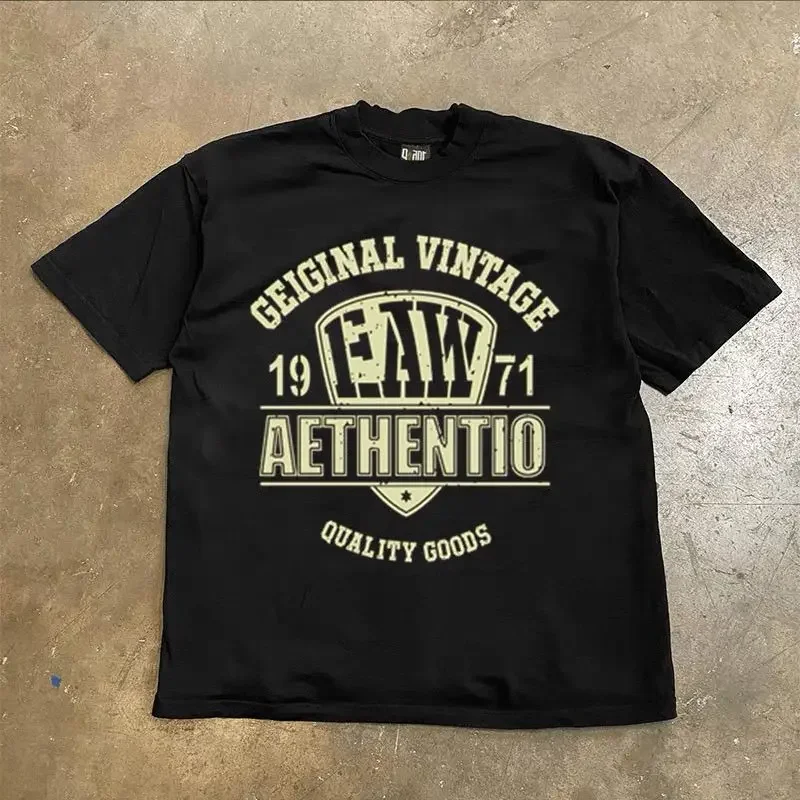 

Тяжелая мужская футболка с американским принтом, модная брендовая с короткими рукавами, белая, в гонконгском стиле, повседневная, летняя, с круглым вырезом, из чистого хлопка