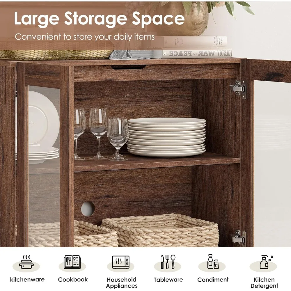 خزائن بوفيه جانبية متعددة الوظائف 2 في 1 مع 4 أبواب زجاجية، وخزانة جانبية حديثة مع رف قابل للتعديل، وبار القهوة S #5