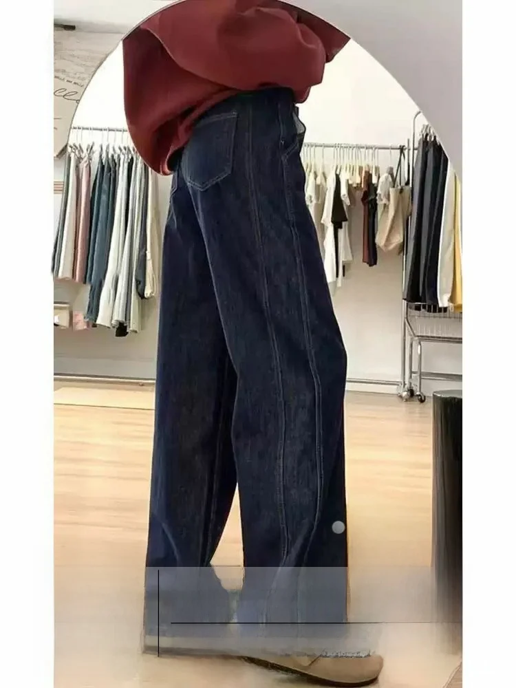 

Классические джинсы больших размеров, темно-синие, широкие, прямого кроя, с высокой талией, струящиеся, в пол, для женщин, осень-зима