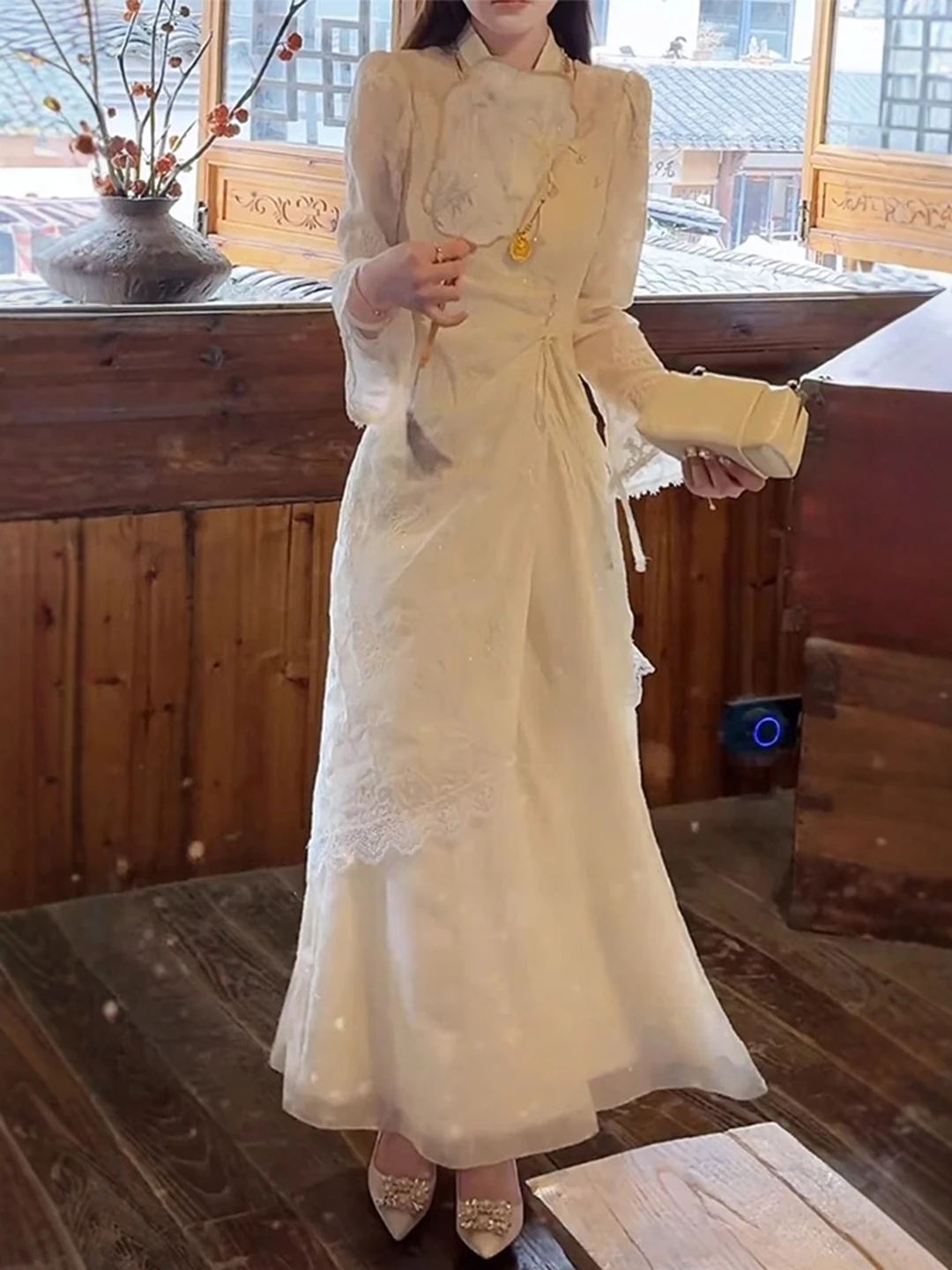 

Ele Unique Qipao Strap Dr Women's plus Size Faion Set Spring Summer Seasonal Wear Long Sve Stand Collar Chinese S...