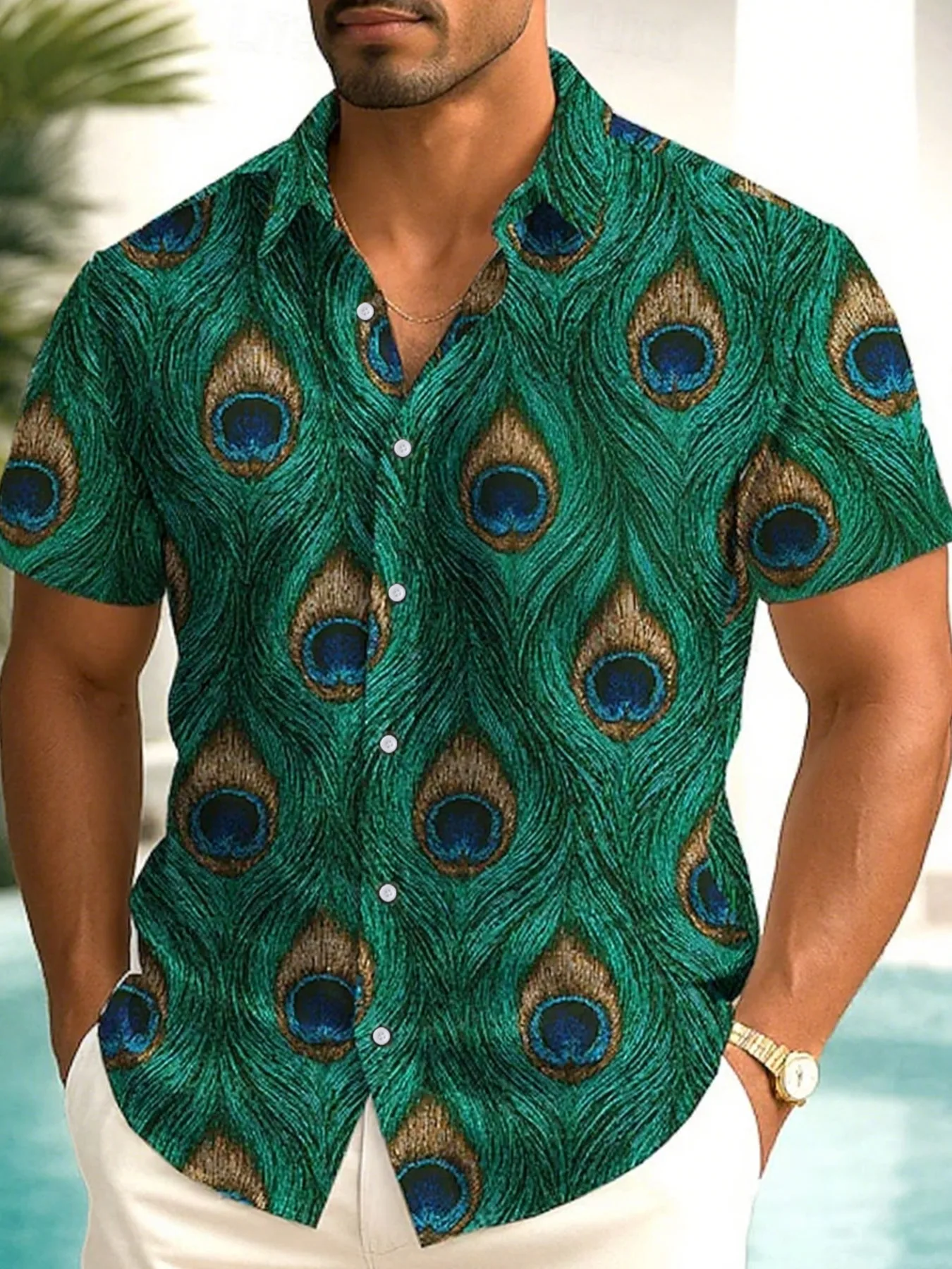 

Men's Retro Peacock Feather All-Over Printed Short-Sleeved Shirt Casual Vacation Cardigan Personalized Art Printed Shirt