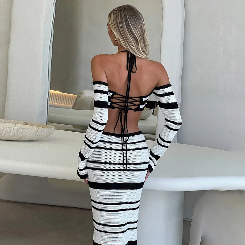 European and American Summer New Women\'s Striped Off Shoulder Hanging Neck Tie Long Sleeved Knitted Hollow Skirt Set for Women