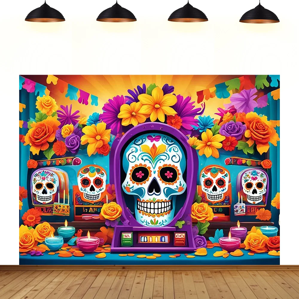 

Day of the Dead theme background party skeleton spirit flower Tagetes erecta festival guitar banner photography backdrop