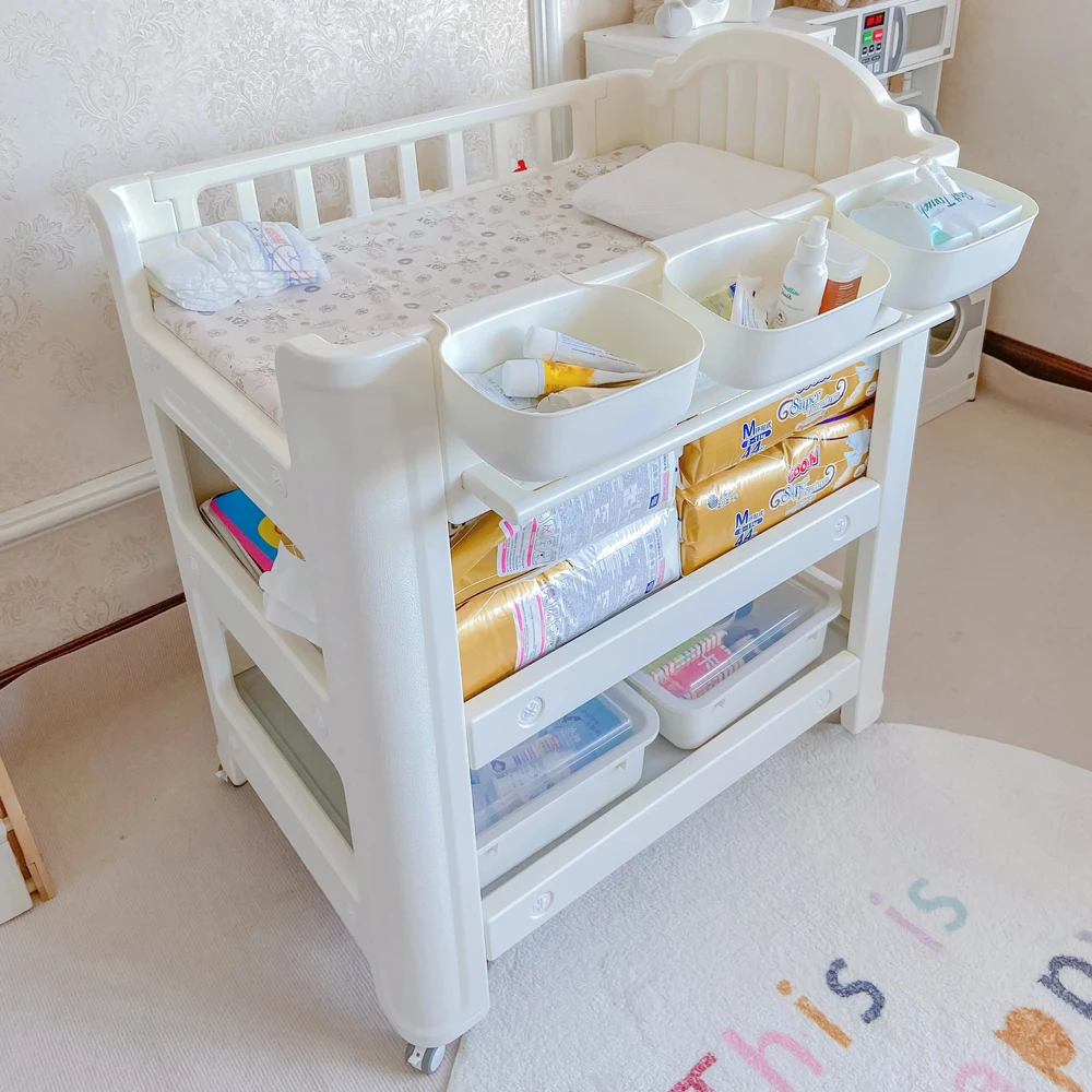 2 in 1 Removable Baby Diaper Changing Table & Bath Table Storage Function Infant Care Cribs With Wheels