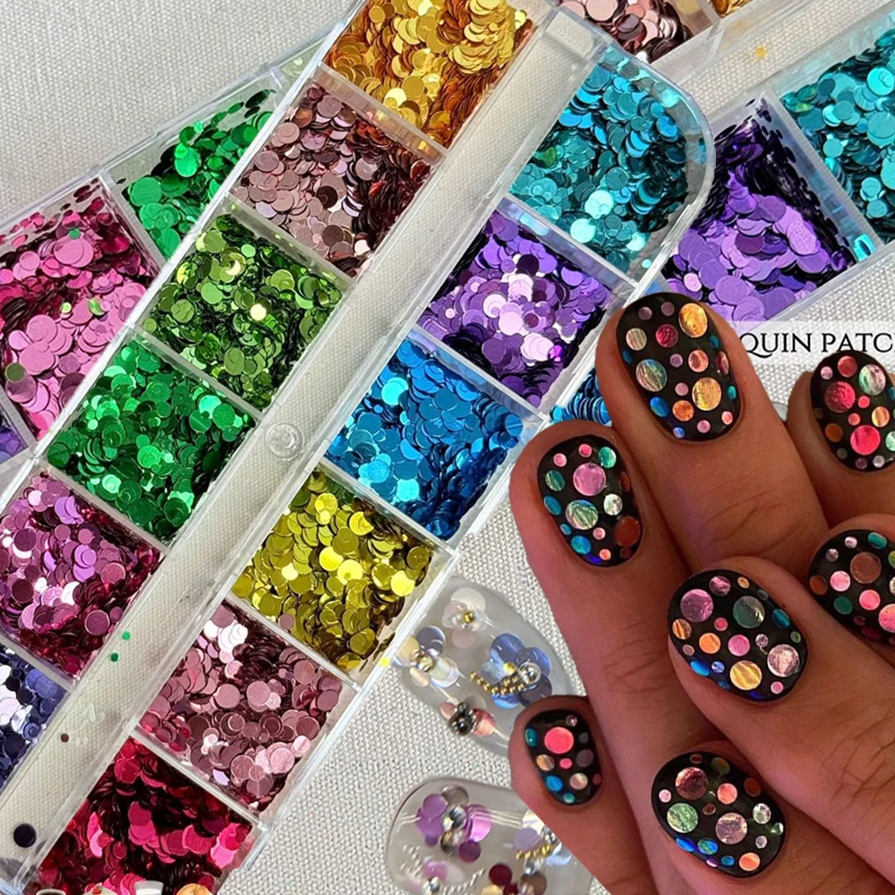 12 grilles de paillettes brillantes à pois pour ongles, tailles mixtes, or rose, sequins ronds, accessoires pour ongles, flocons 3D, tranches, paillettes, décoration de manucure