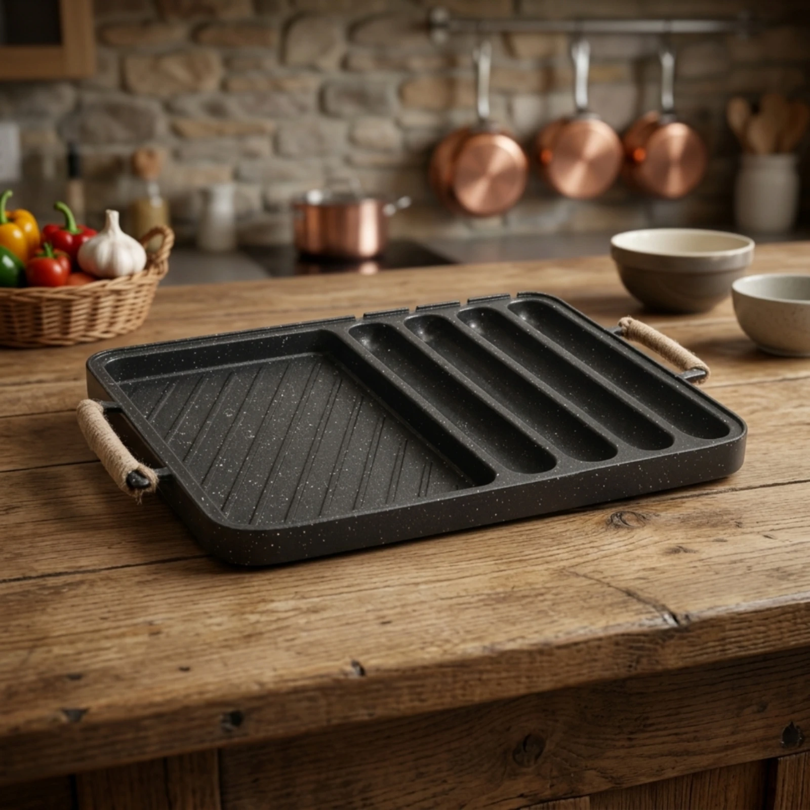 Divided Grill Pan Rectangular Grill Pan with Rope Handles Griddle Lightweight Compact for Home Cooks, Korean Barbecue view 4