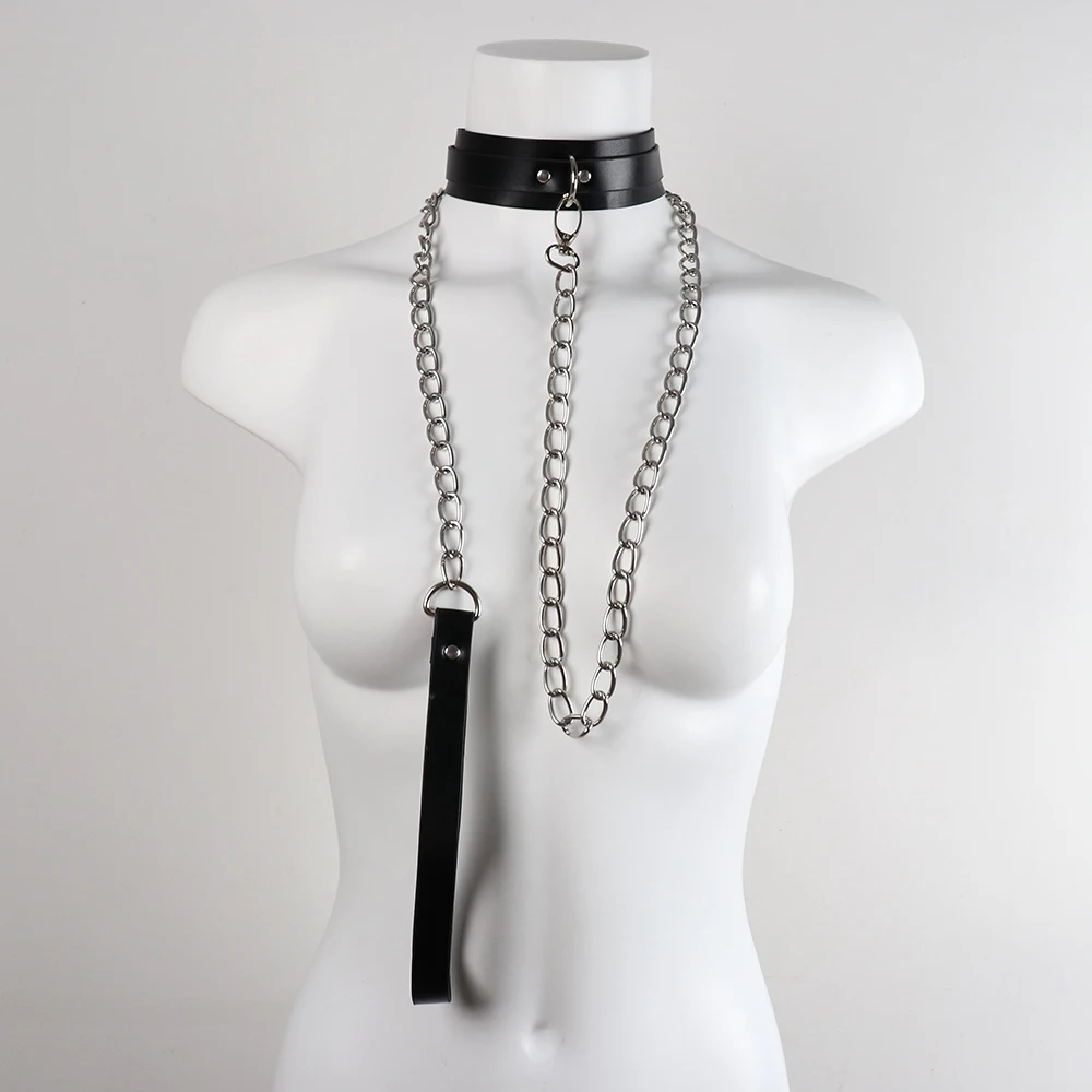 Sexy Handmade Leather Neck Collar Choker with O-ring and Chain Leash Adjustable Roleplay Accessory Love Necklace for Couples