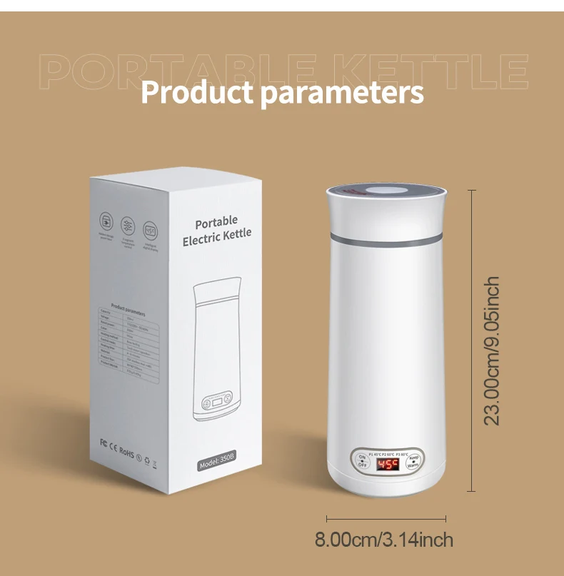 غلاية كهربائية محمولة للسفر، كوب زجاجة مياه كهربائية صغيرة من الفولاذ المقاوم للصدأ لغلي الماء الساخن ومسحوق حليب الأطفال