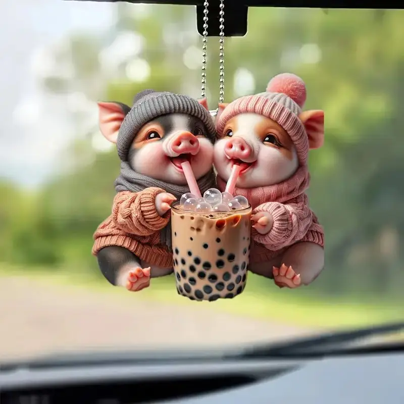 Two Little Pigs Drinking Milk Tea Car Accessories