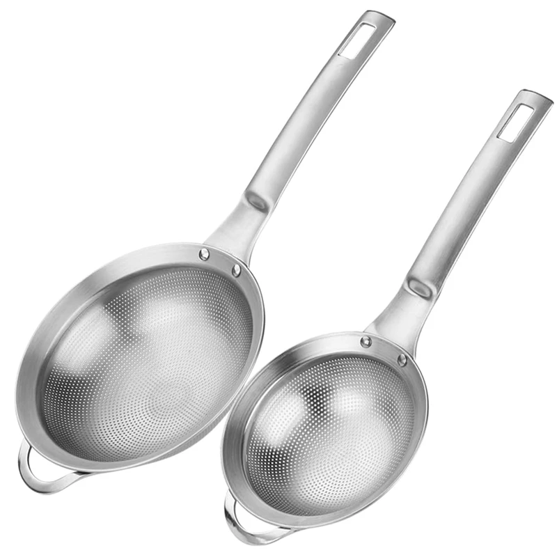 Punch Hole Sieve Fine Mesh Stainless Steel Small Colander Strainer With Handle Metal Mini Sifter Set Of 2 For Kitchen