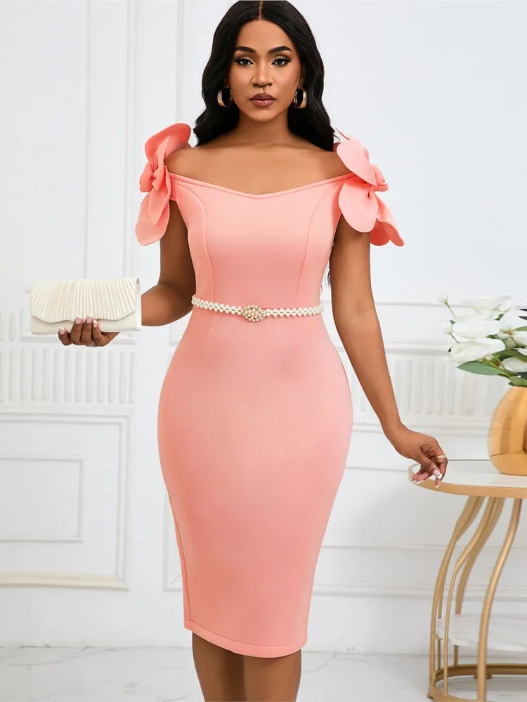 

Bodycon party Dresses Package Hip Evening Dress Slim Vestidos Solid Color Vestido Flower V-link Elegant Temperament Simple Style