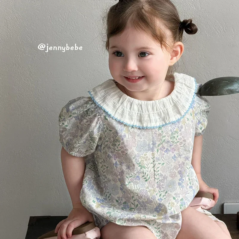 

2026 New Summer Toddler Baby Girls Jumpsuit Short Sleeved Cotton Print Korean Style Climbing Suit 0-24M Children Clothes