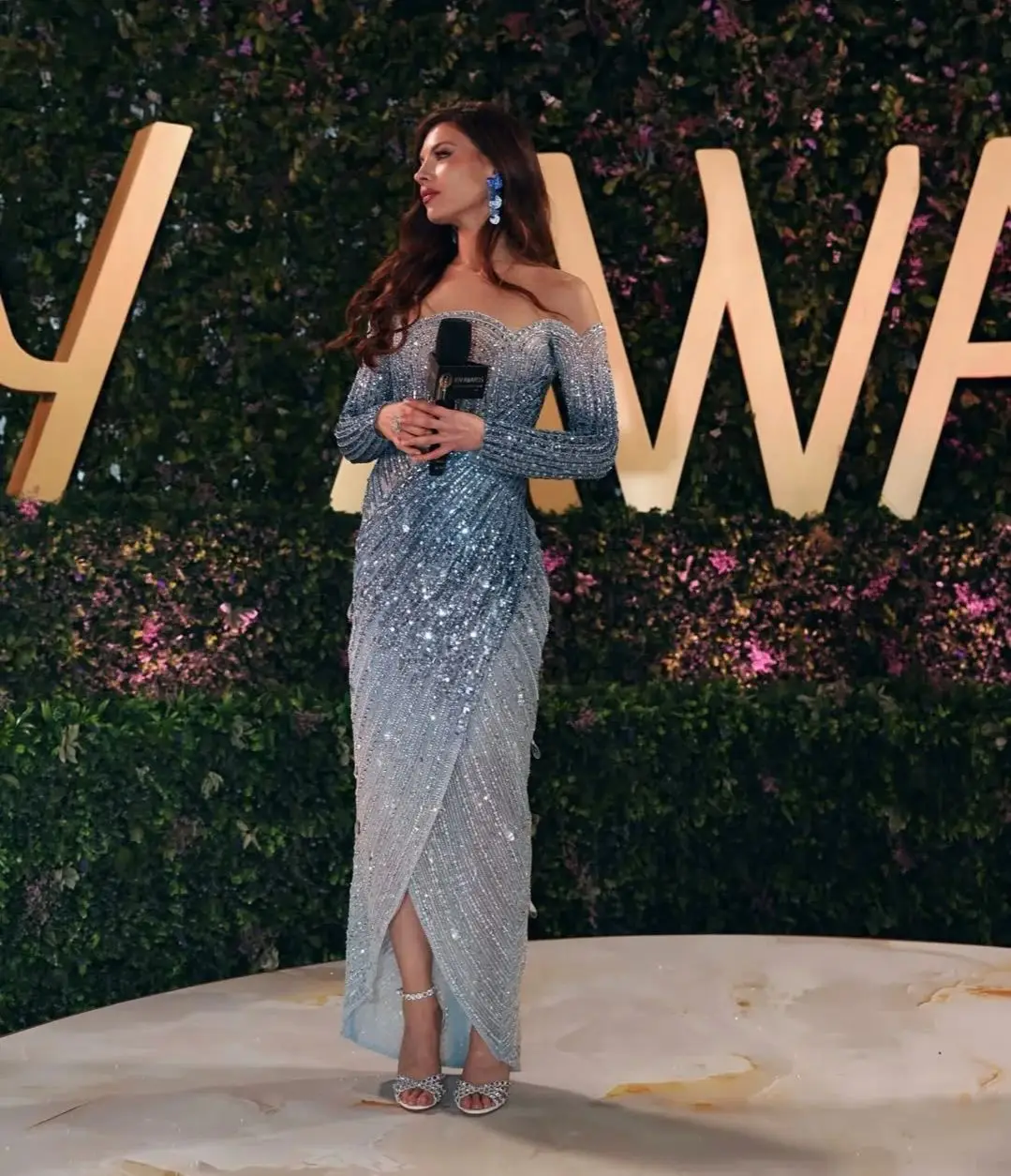 

Ofherown Luxury Gradient Blue Sequin Evening Dress Off-Shoulder Long Sleeve Split Bodycon Gown Red Carpet Party Dress Customized