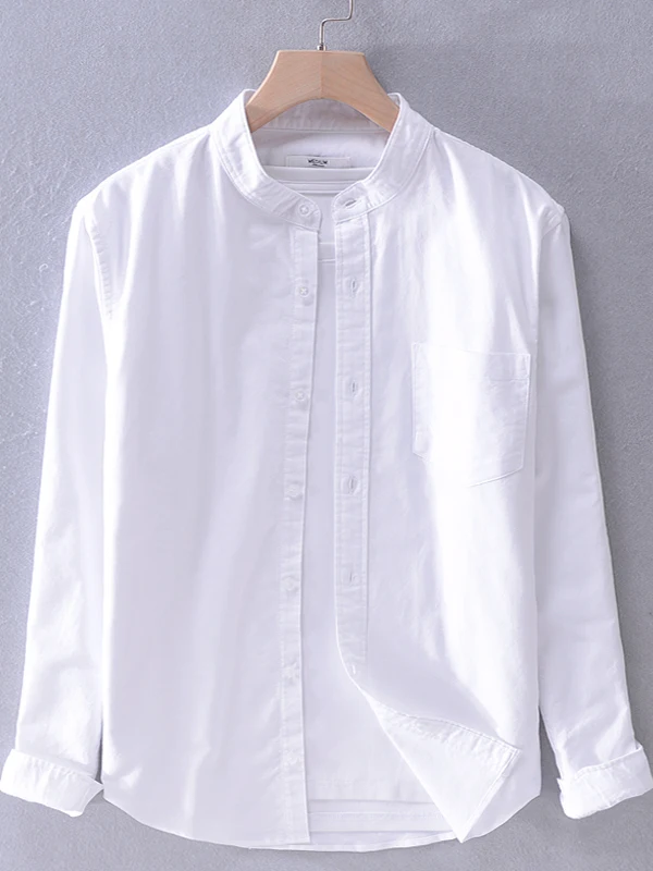 Autumn Men's round Neck Long Sleeve Oxford Cloth Shirt Casual Loose Fit Stand Collar Pure Cotton Trendy Base Layer Shirt