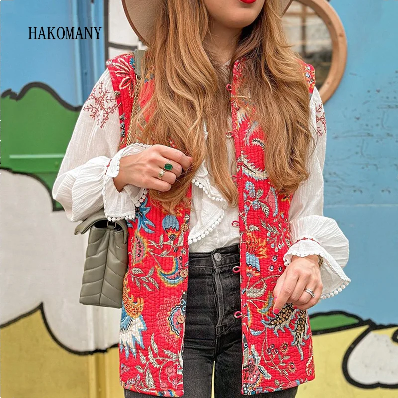 

2023 Women Chinese Red Flower Print Quilted Sleeveless Reversible Coat V neck Open Stitching Waistcoat Loose Vintage Vest