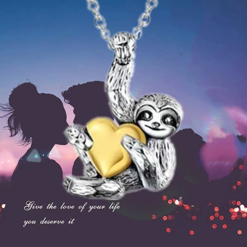 Fashion Heart Hugging Sloth Necklace Long Chain Sloth Pendant Engagement Necklaces for Women Animal Jewelry Anniversary Gift