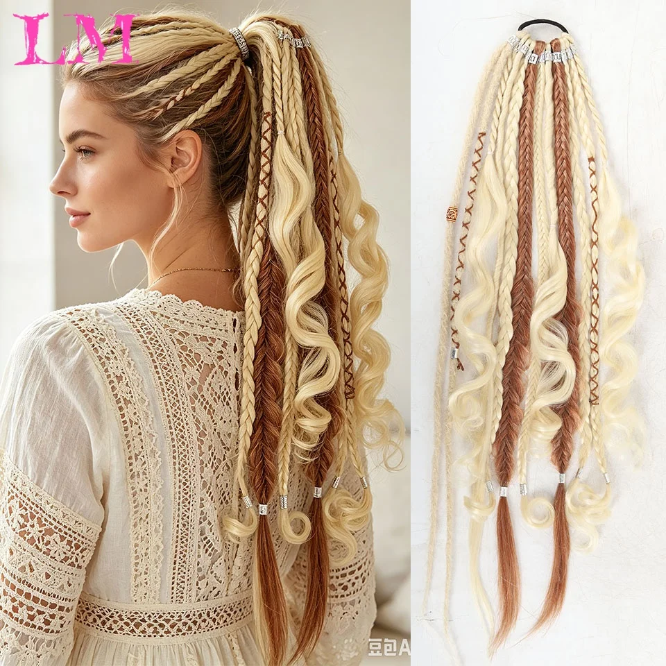 LM 24 Inch Women's Gradient Matte Dreadlock Ponytail Wig, Braided Ponytail Hair Extension For Girls, Suitable For Cosplay Party